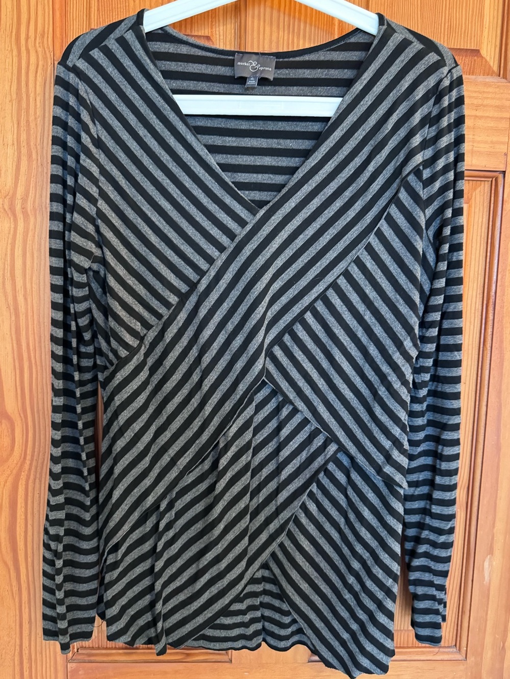Market & Spruce Striped Faux-Wrap Long Sleeve Top in Black and Gray